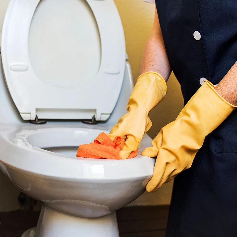 A gloved person cleaning a toilet