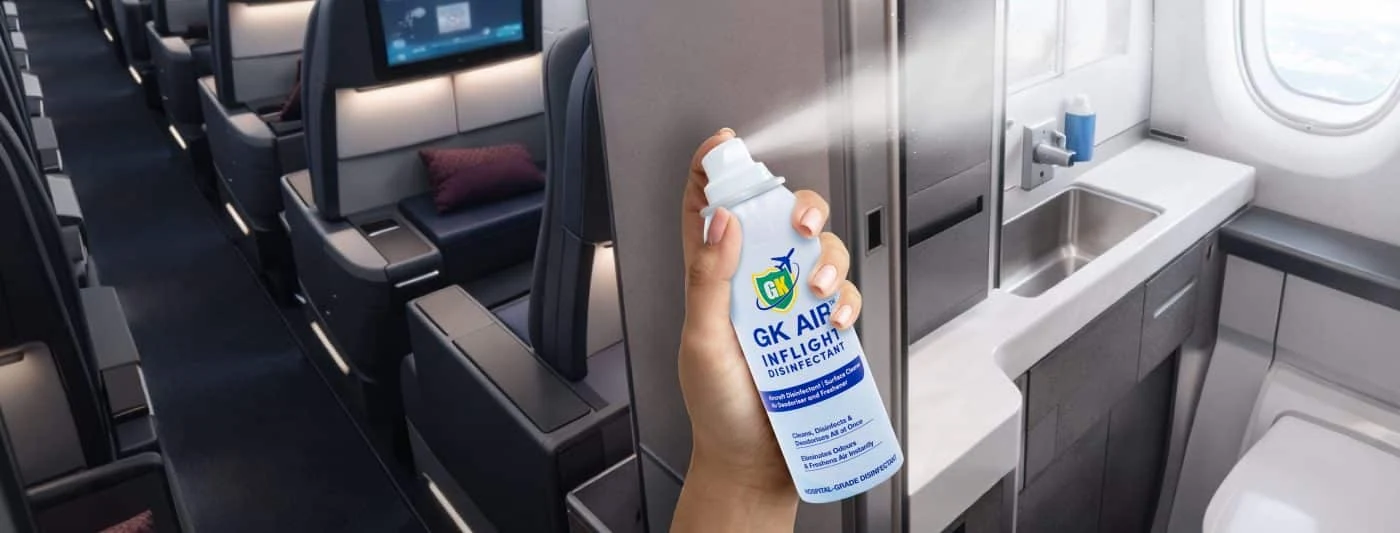 GK aviation brand image showing an air-care product inside an aircraft cabin