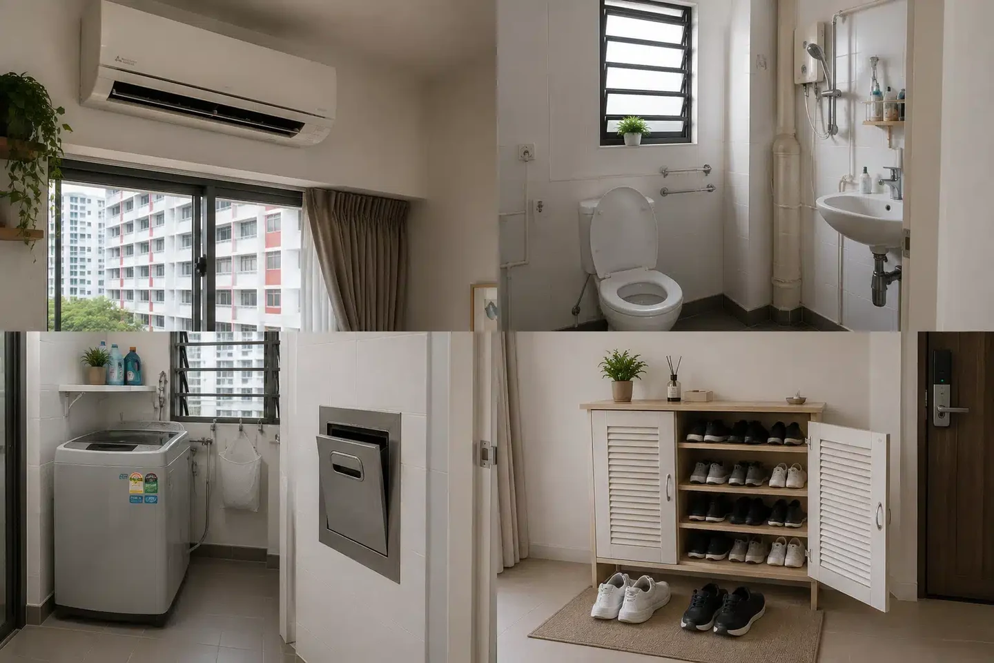 Four household settings: an air conditioner, bathroom, kitchen bin and shoe storage
