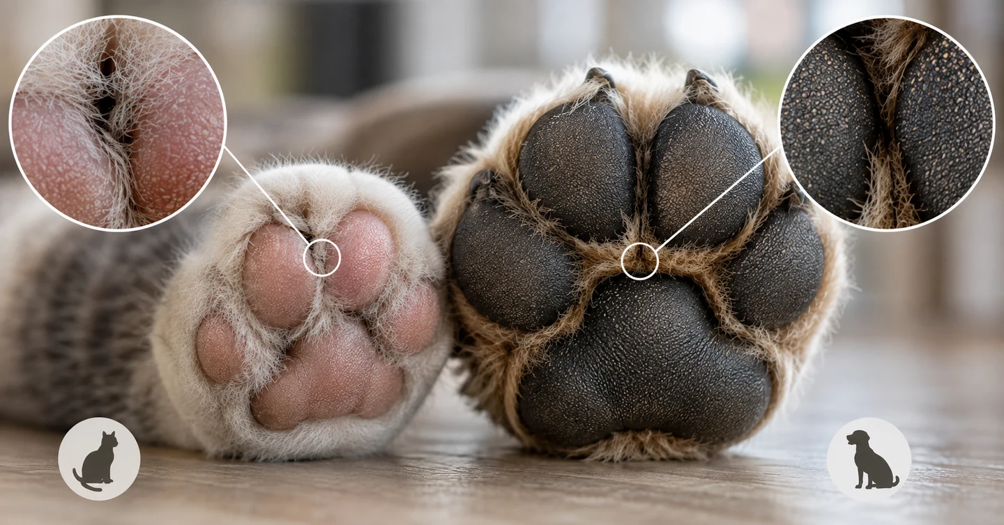 Brand illustration comparing the textured paw pads of a cat and dog