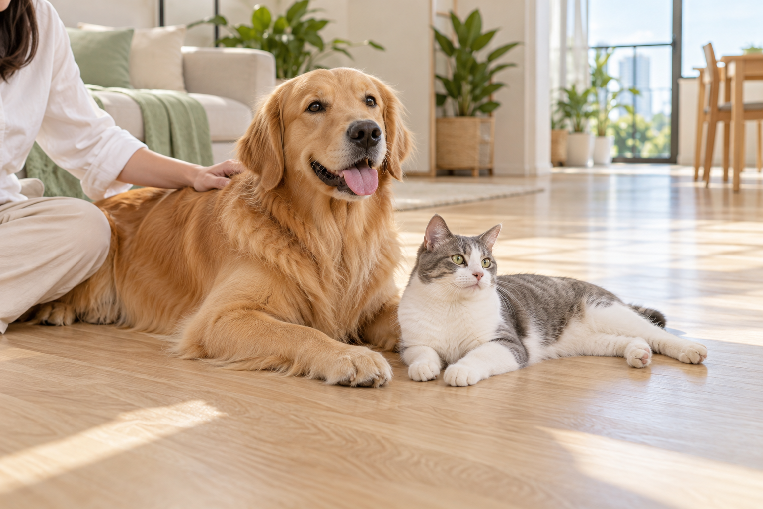 A golden retriever and a grey-and-white cat relaxing together at home