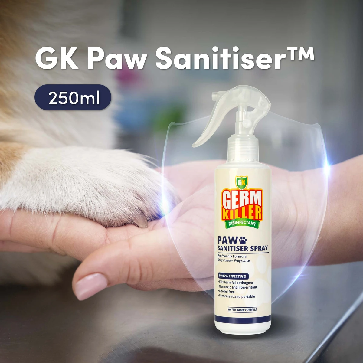 GK Paw Sanitiser 250ml brand artwork with a dog’s paw resting in a hand