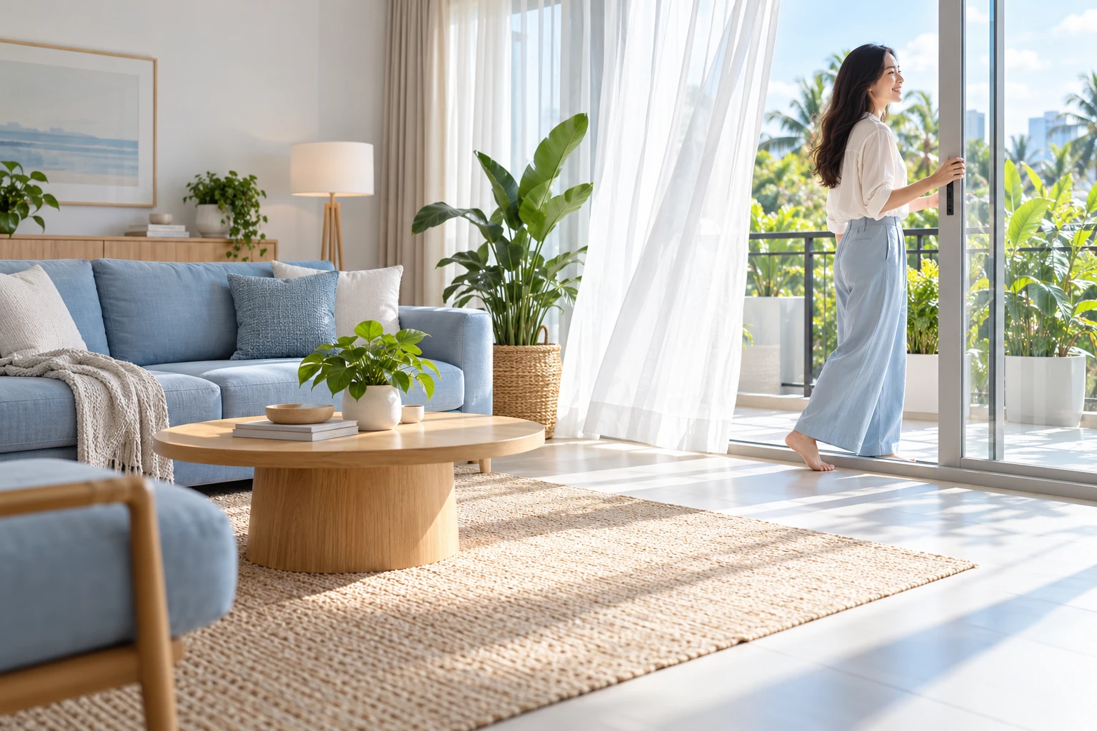 An airy living room with blue furnishings and a woman opening a balcony door