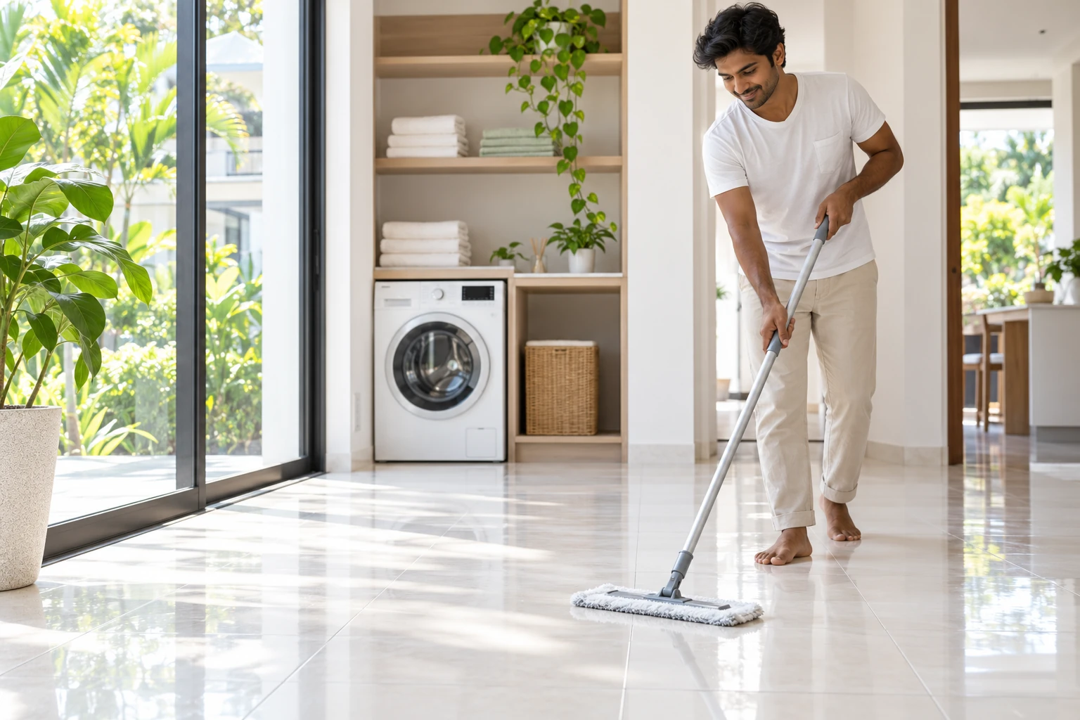 A man mopping a tiled floor beside a bright laundry area