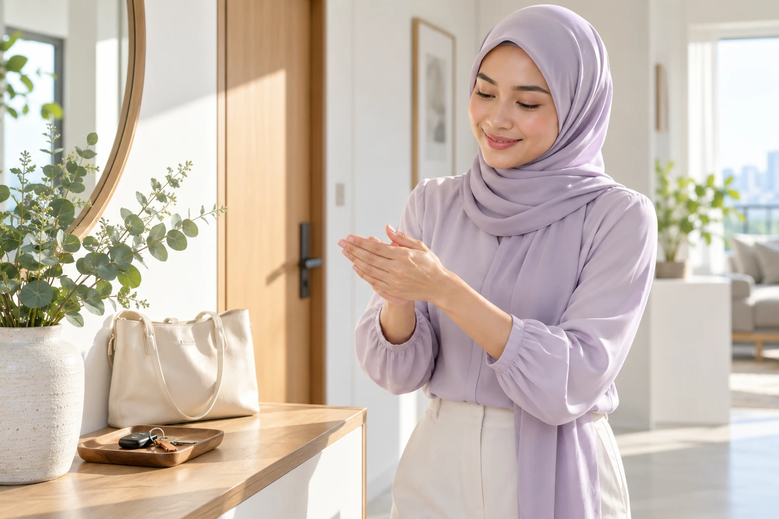 A woman rubbing her hands together by her home entrance