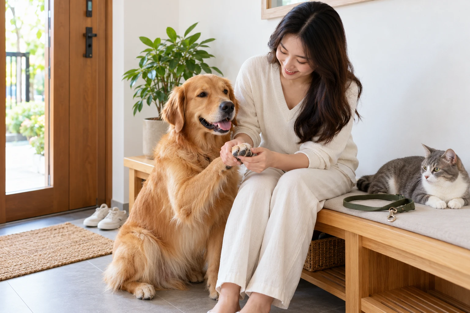 A woman gently checking a golden retriever’s paw with a cat resting beside her